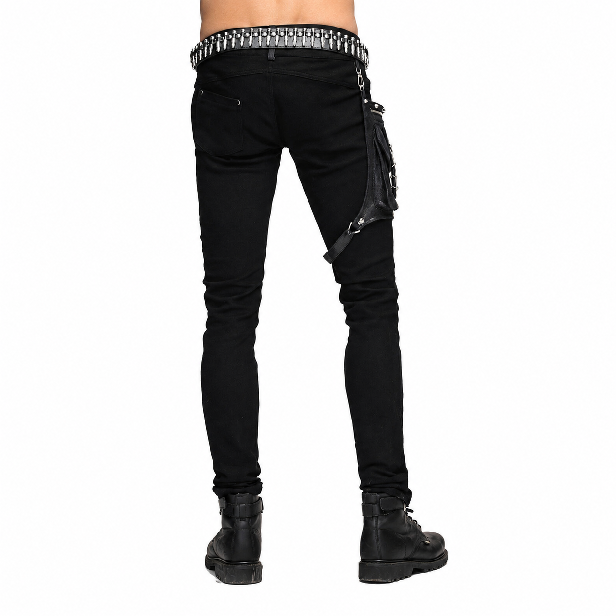 Devil Fashion Men Diesel punk Pants Jeans Black Gothic Punk Faux Leather Hip Bag