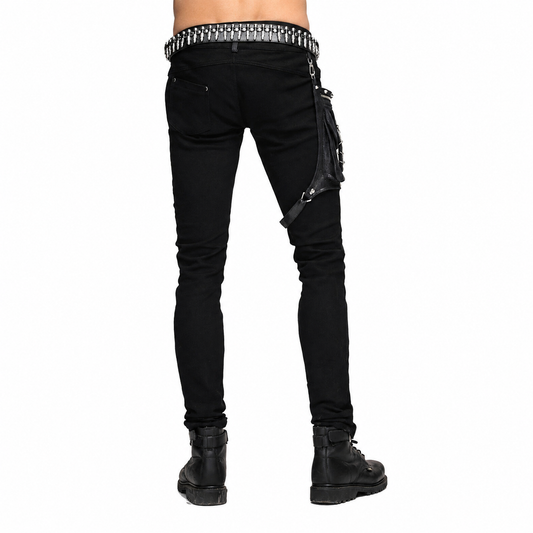 Devil Fashion Men Diesel punk Pants Jeans Black Gothic Punk Faux Leather Hip Bag