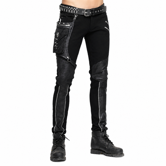 Devil Fashion Men Diesel punk Pants Jeans Black Gothic Punk Faux Leather Hip Bag