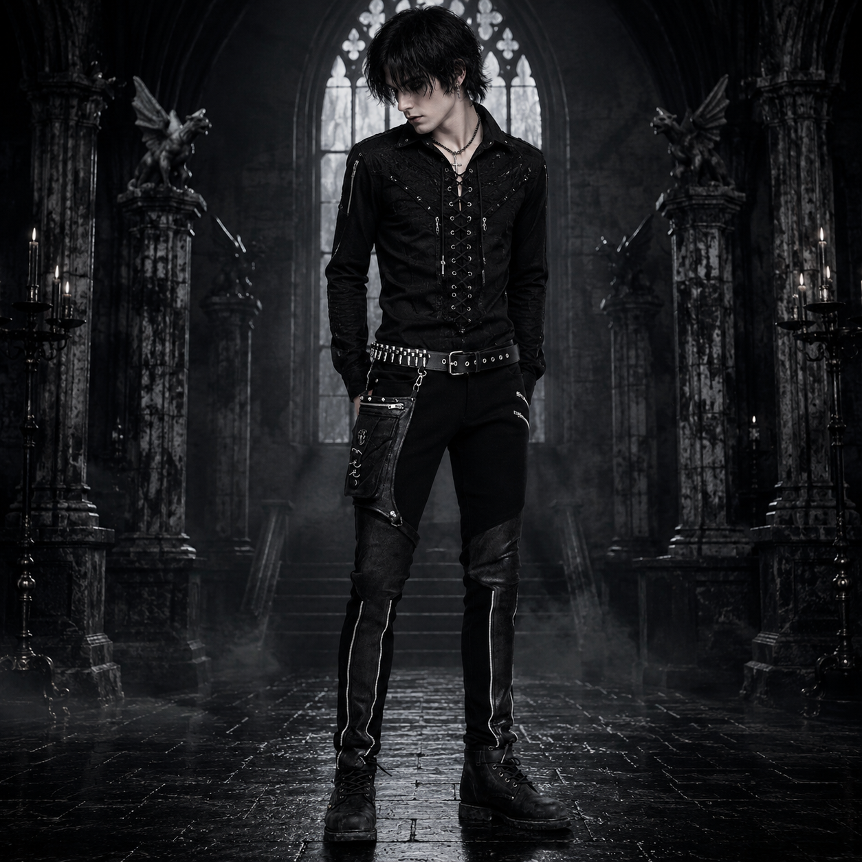 Devil Fashion Men Diesel punk Pants Jeans Black Gothic Punk Faux Leather Hip Bag