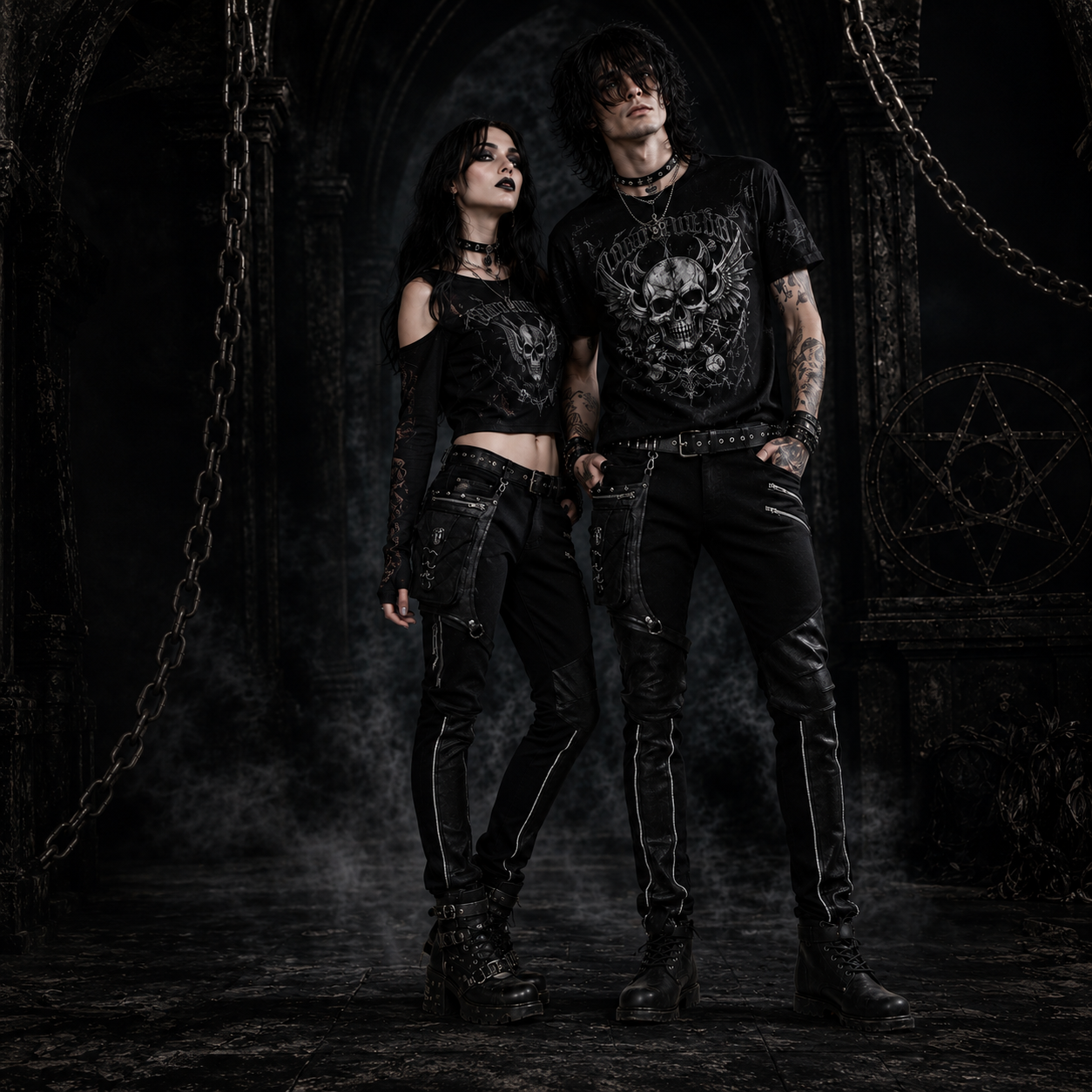 Devil Fashion Men Diesel punk Pants Jeans Black Gothic Punk Faux Leather Hip Bag