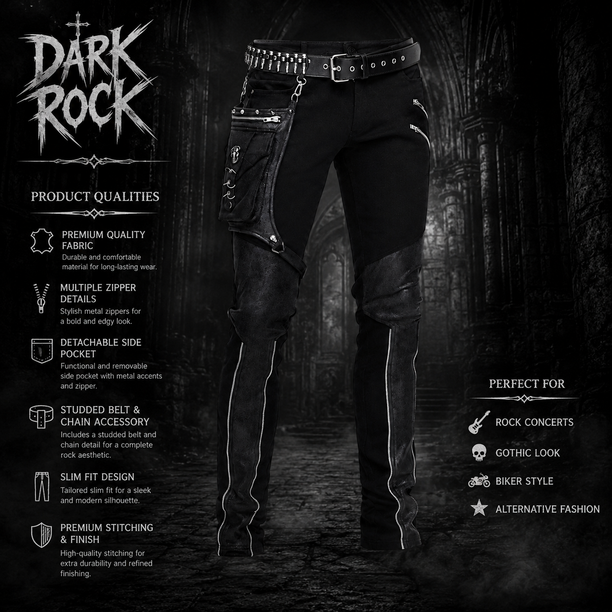 Devil Fashion Men Diesel punk Pants Jeans Black Gothic Punk Faux Leather Hip Bag
