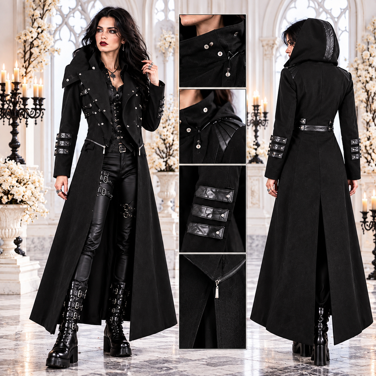 Scorpion Men's Black Punisher Hooded Trench Coat Long Jacket Black Gothic Steampunk
