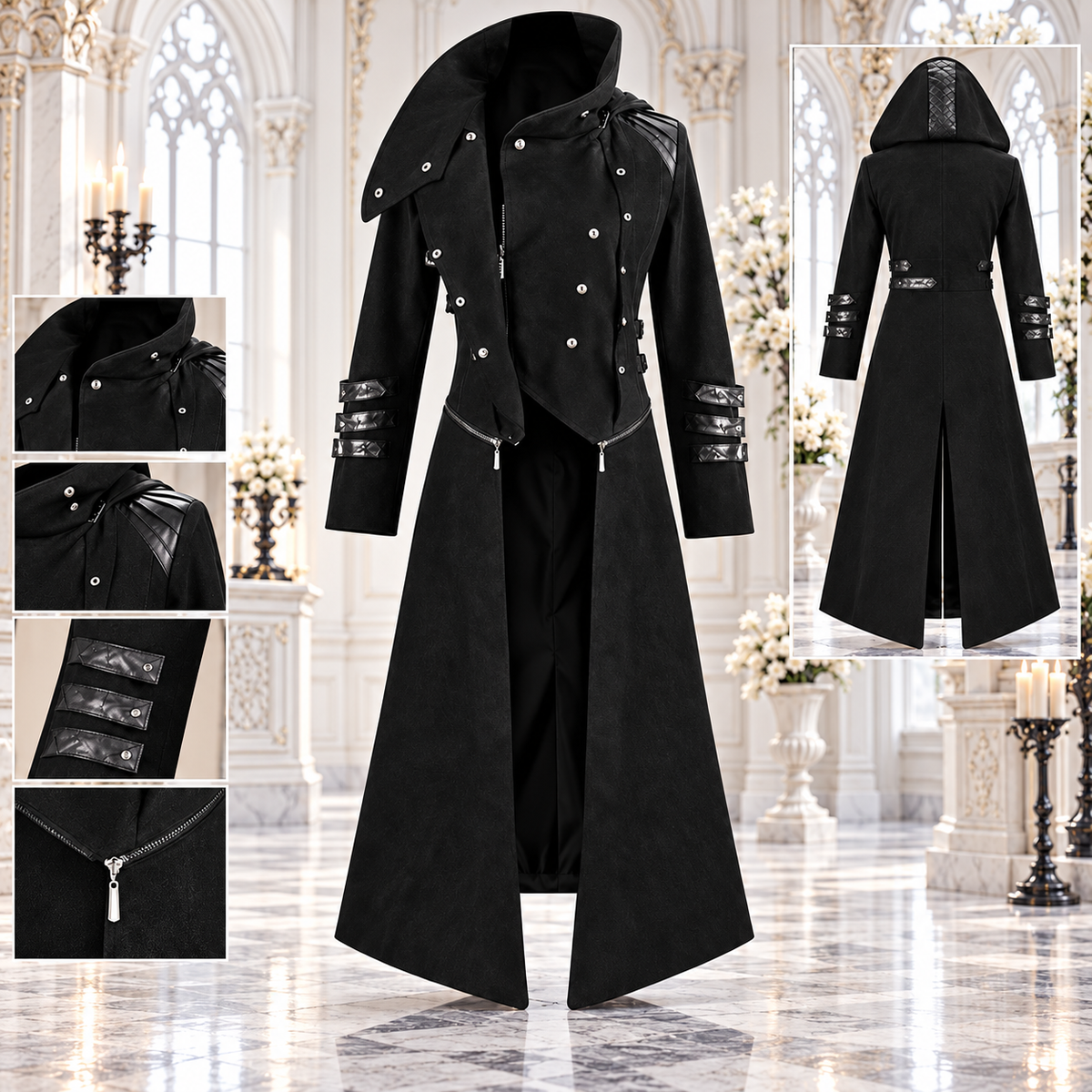 Scorpion Men's Black Punisher Hooded Trench Coat Long Jacket Black Gothic Steampunk