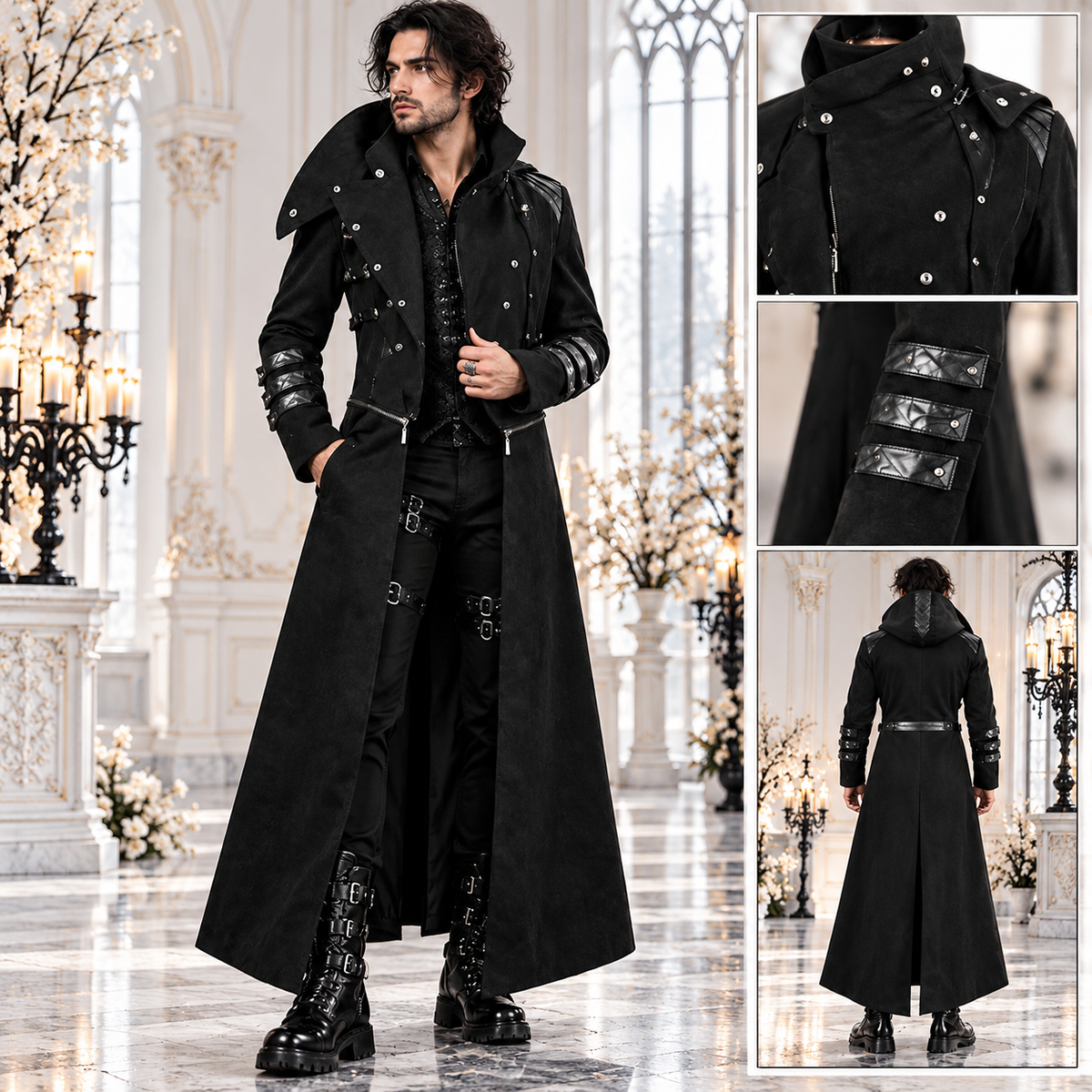 Scorpion Men's Black Punisher Hooded Trench Coat Long Jacket Black Gothic Steampunk