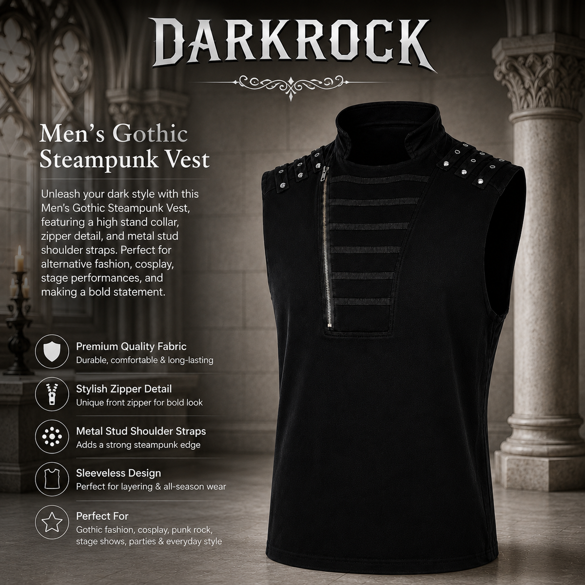 Gothic Mens Dark Gothic Zip Up Tank Top Vest