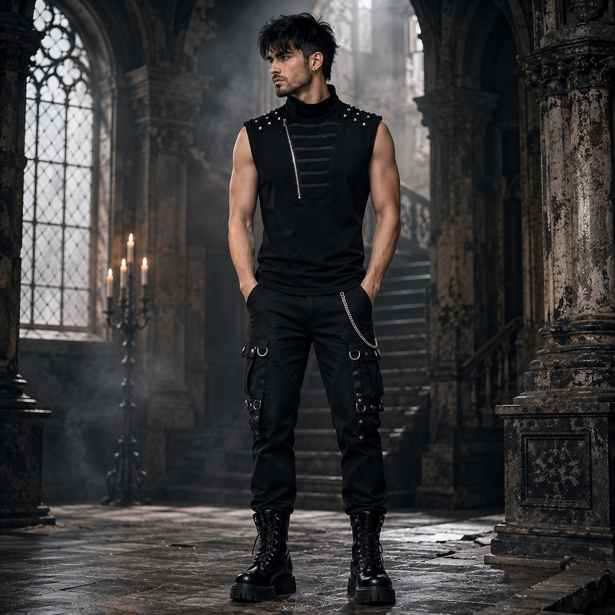 Gothic Mens Dark Gothic Zip Up Tank Top Vest