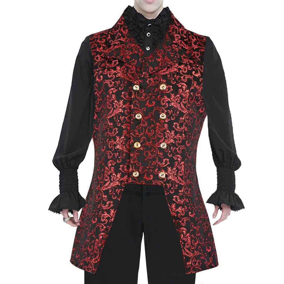 Men's Double Breasted Governor Vest Waistcoat Vtg Brocade Gothic Steampunk/Usa Red Velvet
