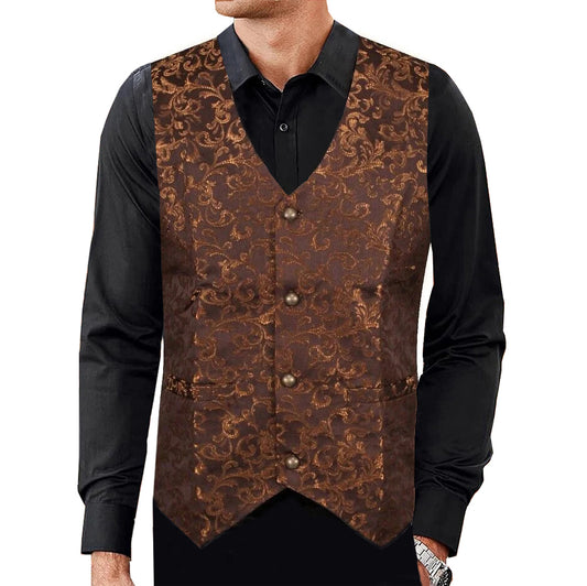 Men's Tailored Formal Waistcoat Gothic Steampunk Gold Brocade Vest Victorian