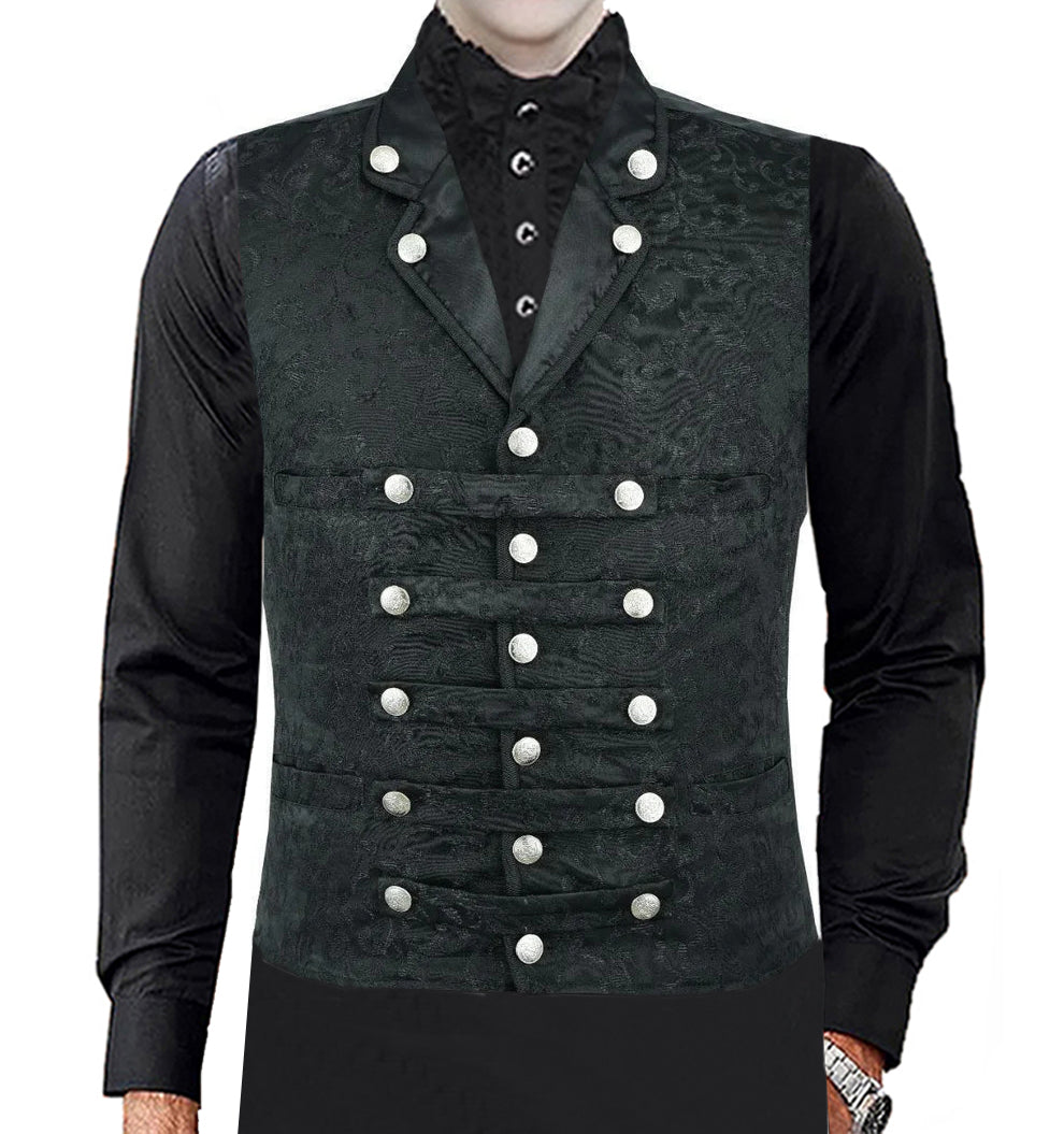 Men's Victorian Steampunk Captain Black Brocade Waistcoat Gentleman Vest