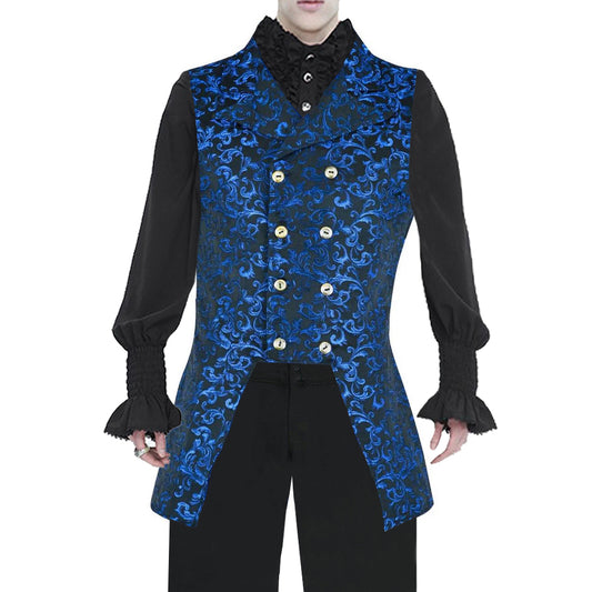 Men's Double Breasted Governor Vest Waistcoat Vtg Brocade Gothic Steampunk/Usa Blue Brocade