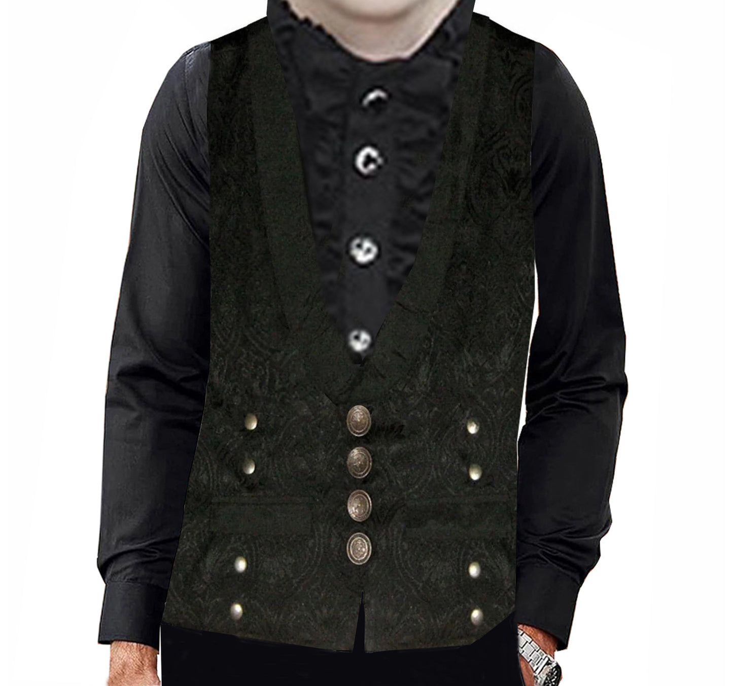 Victorian Steampunk Edwardian Western Brocade Gothic Black Men's Vest