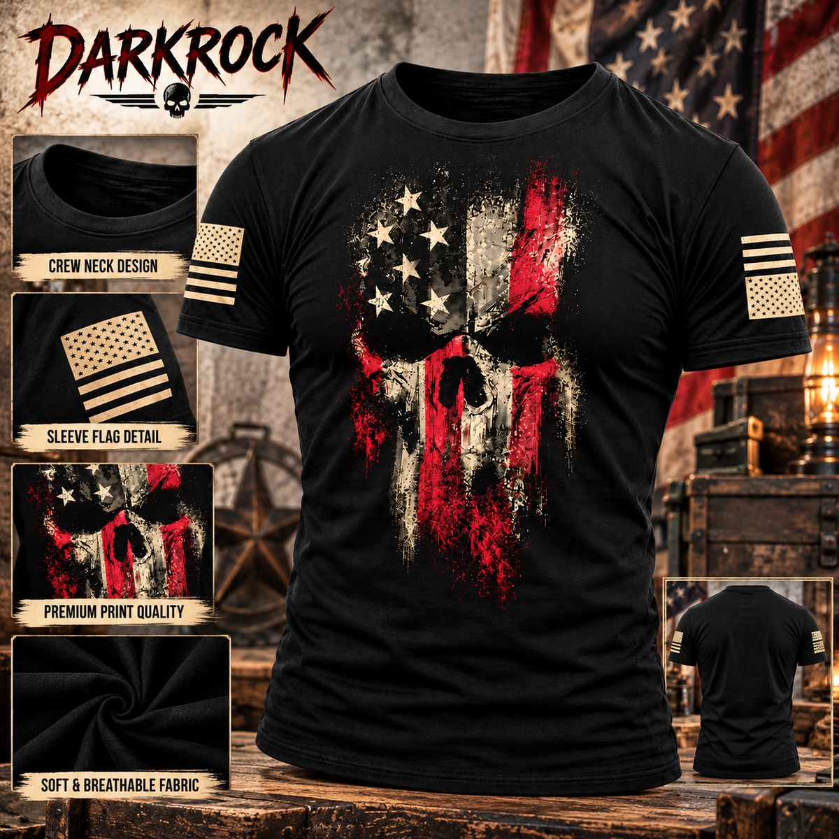 Men’s American Reaper T-Shirt Black Skull Flag Graphic Tee