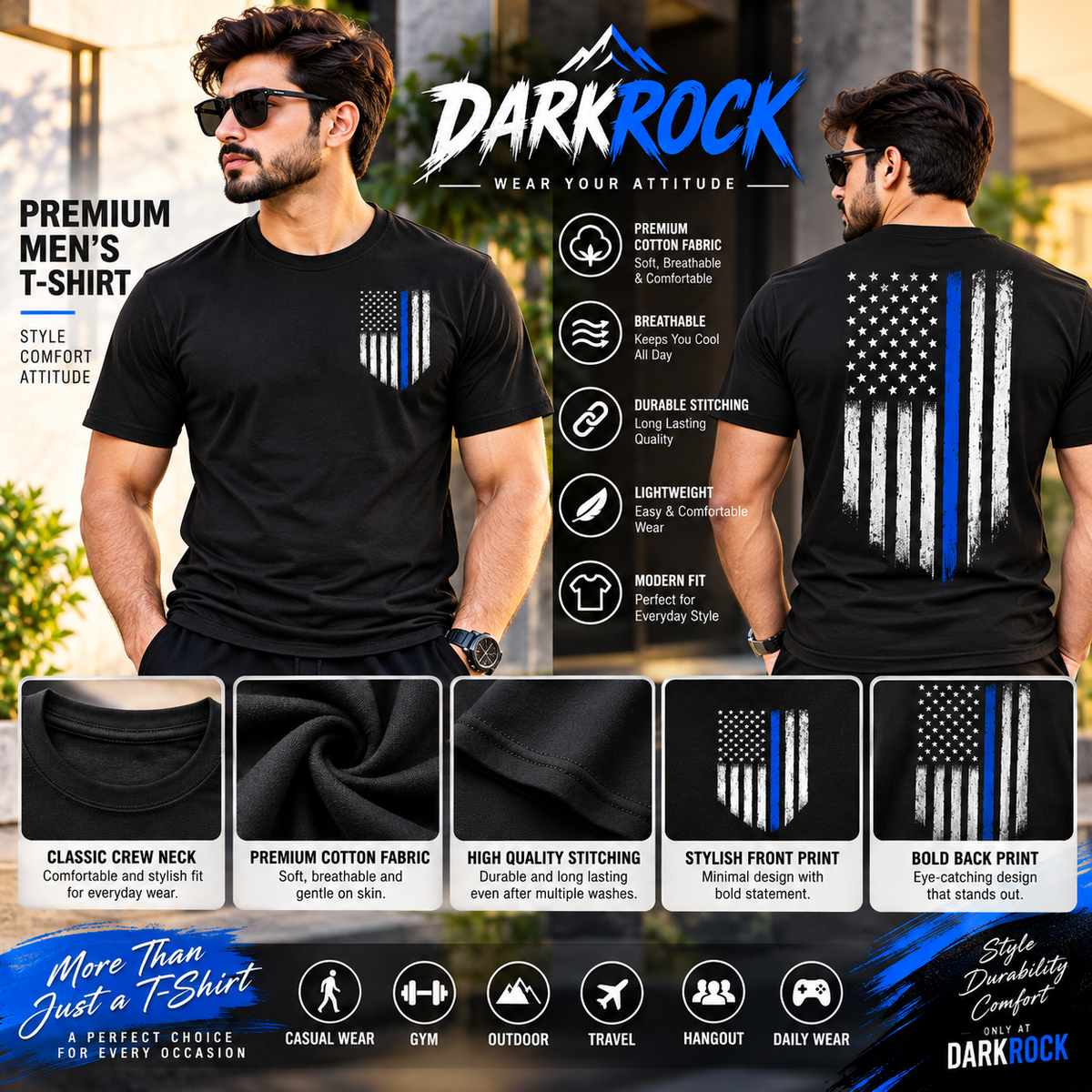 Thin Blue Line Flag Shirt for Men's Distressed American Flag Graphic Tee