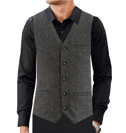 Men Herringbone Wool Blend Tweed Vest Premium Brown Waistcoat Suit Vest V Neck Slim Fit Waistcoat/USA