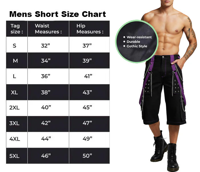 Men's Black Purple Bondage Gothic Cyber Chain Techno Rock Punk Shorts