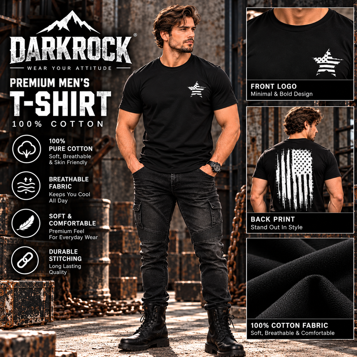 Men’s American Flag T-Shirt Vintage Patriotic Graphic Tee Black