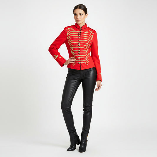 Women's Emo Punk Goth Napoleon Military Drummer Parade Jacket Red Gold