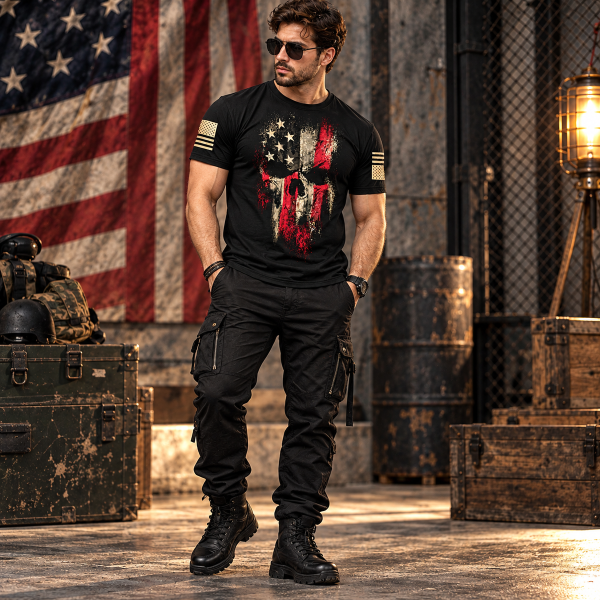 Men’s American Reaper T-Shirt Black Skull Flag Graphic Tee