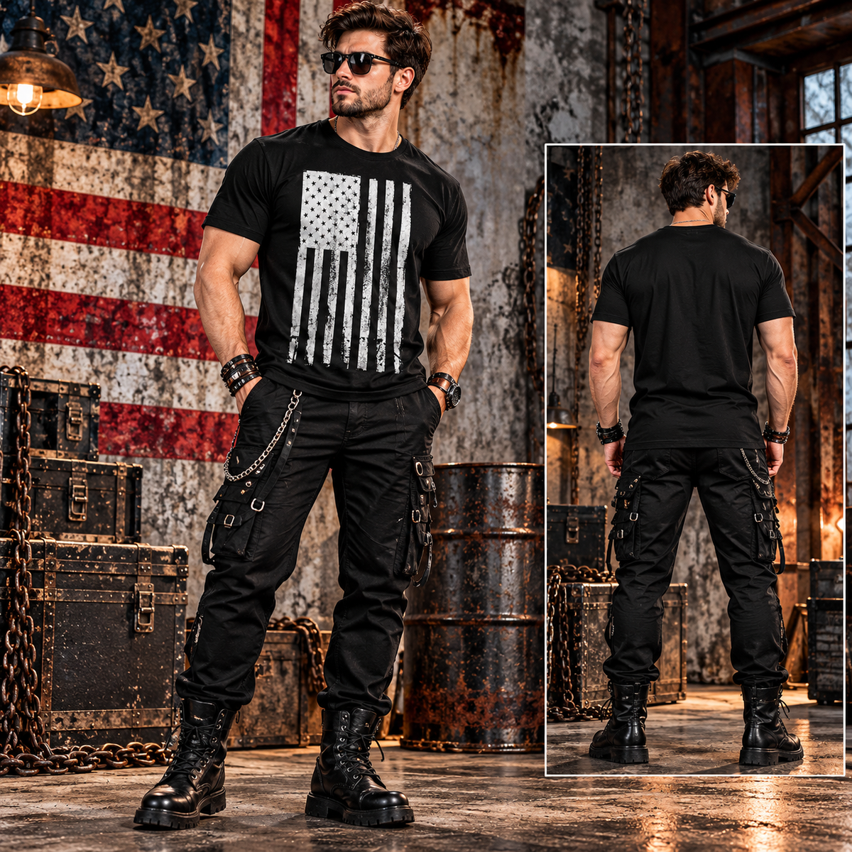 America Patriotic Flag Men’s Shirt Black 100% Cotton Graphic Tee