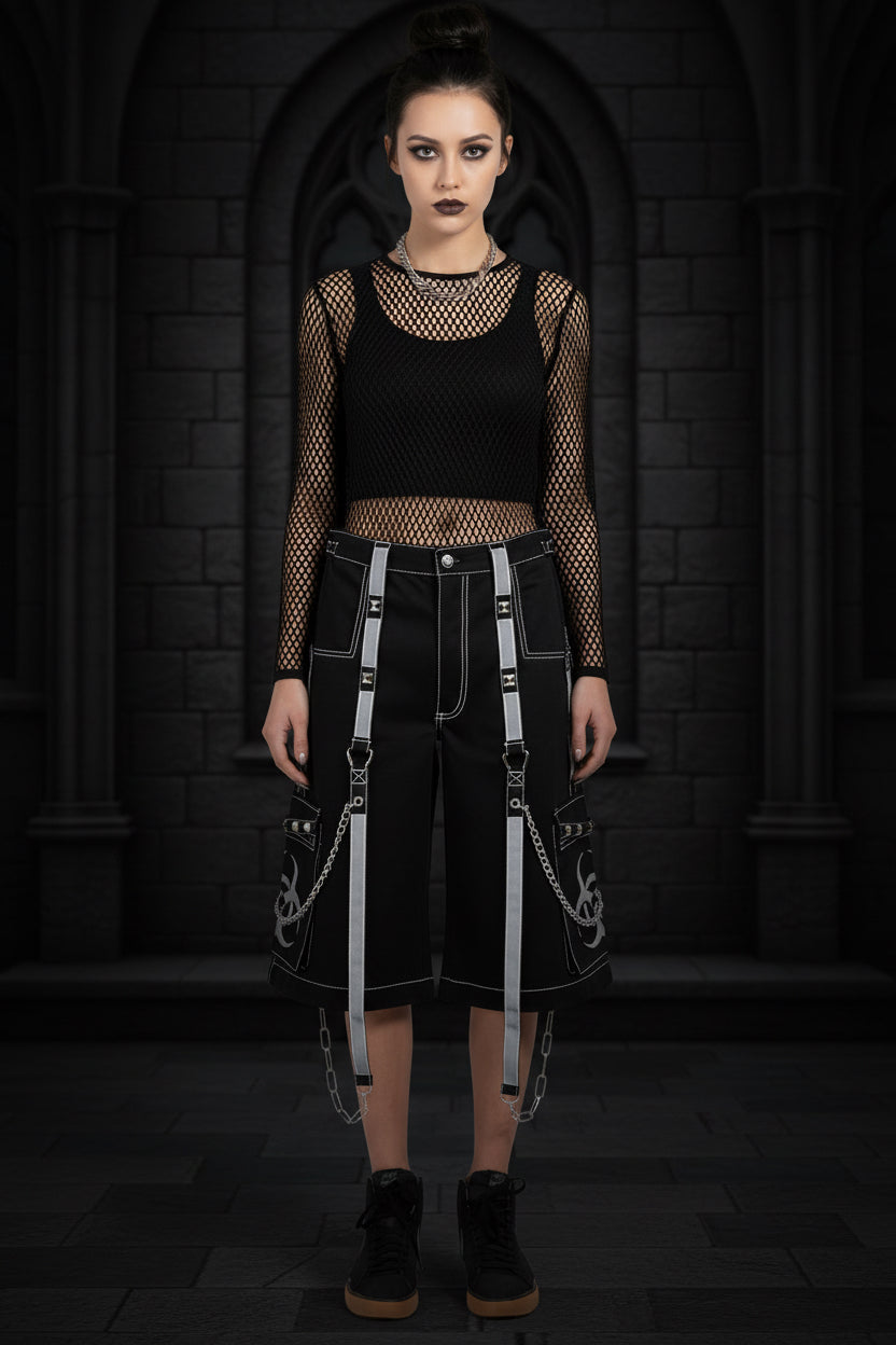 Prime Quality Mens Gothic Bondage Reflective Street Walker Short Alternative Punk Rock Emo Shorts