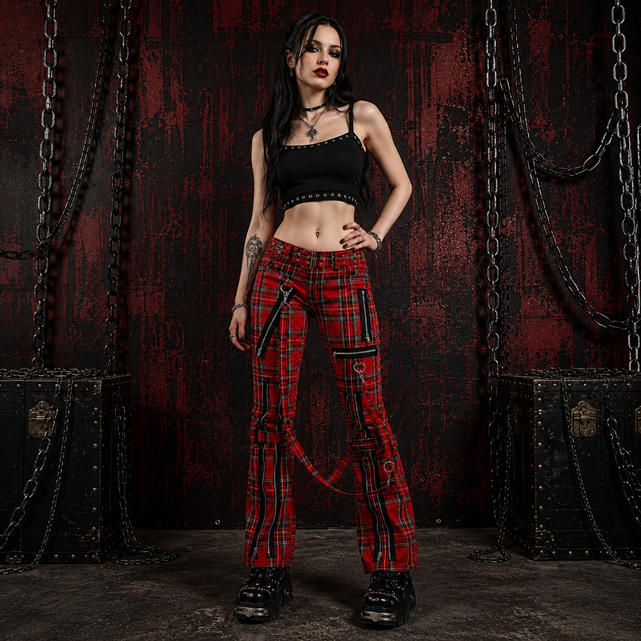 Women’s Gothic Red Plaid Bondage Pants Slim Fit Punk Trousers