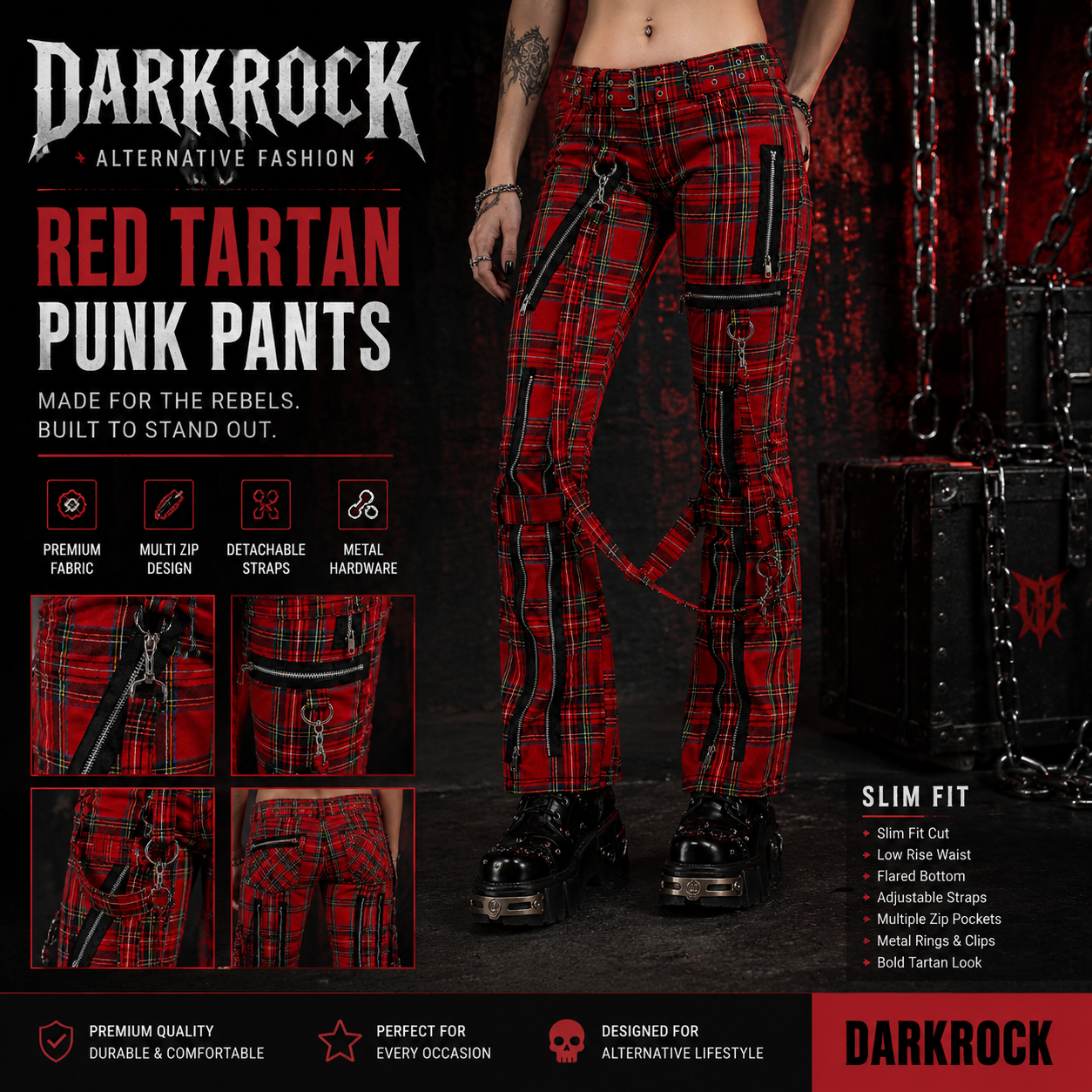 Women’s Gothic Red Plaid Bondage Pants Slim Fit Punk Trousers