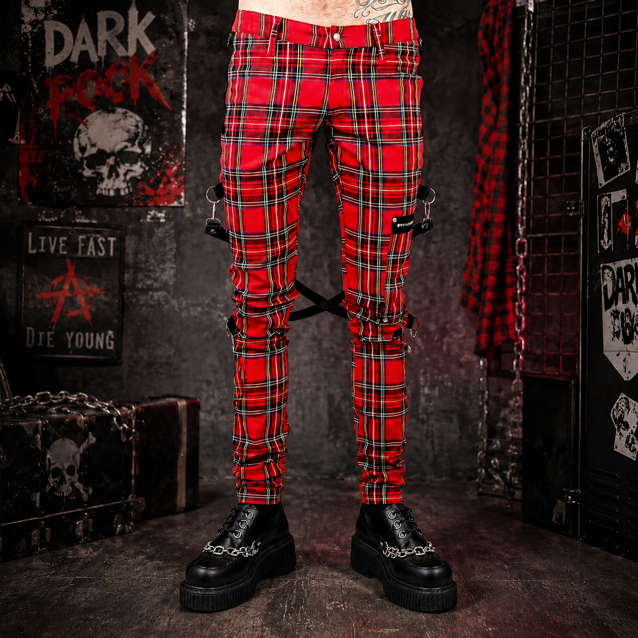 Gothic Bondage Red Plaid Men Pant Alternative Punk Rebel Rock Emo Trouser Pant