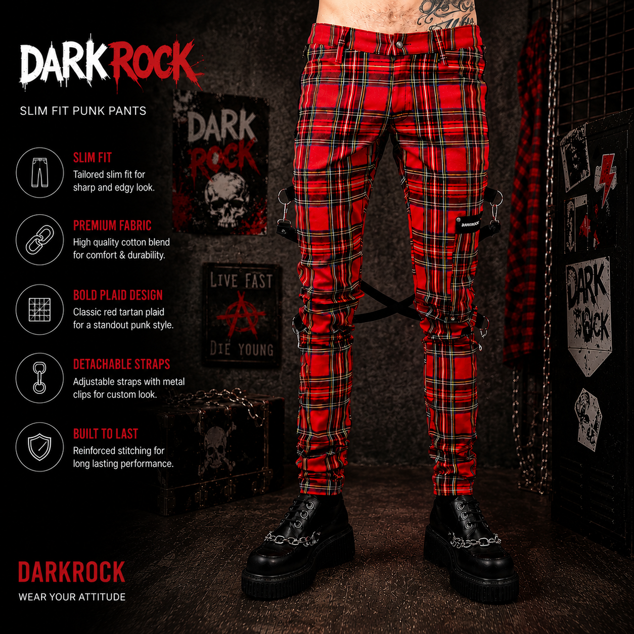 Gothic Bondage Red Plaid Men Pant Alternative Punk Rebel Rock Emo Trouser Pant