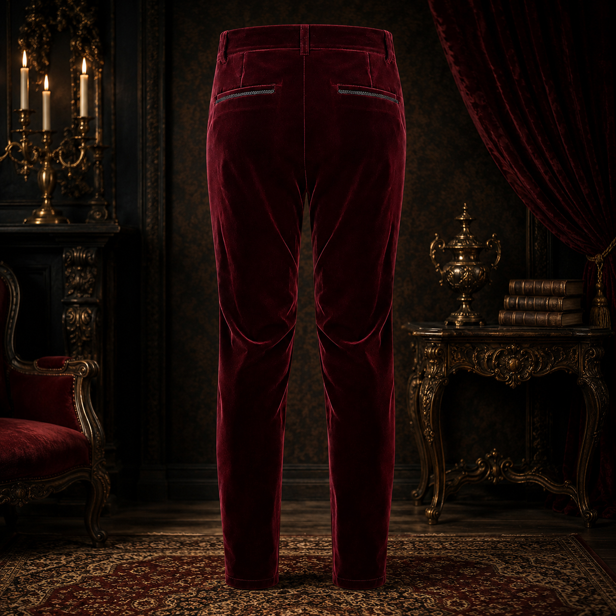 Men's Red Velvet Embroidery Gothic Regency Dress Pants /Velvet Pant