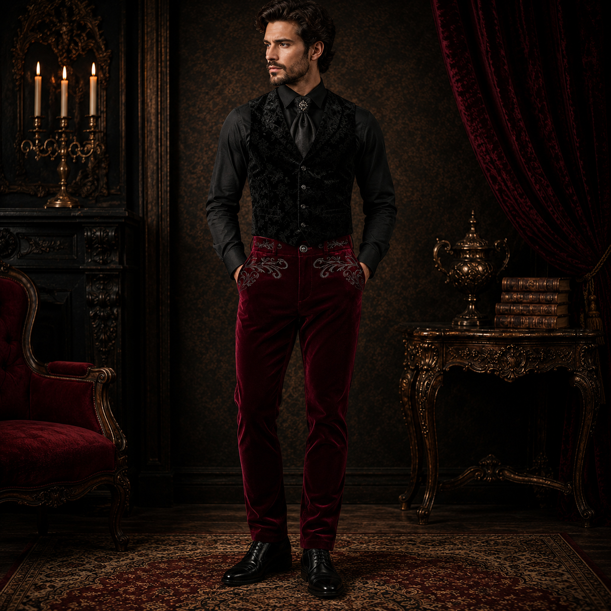 Men's Red Velvet Embroidery Gothic Regency Dress Pants /Velvet Pant