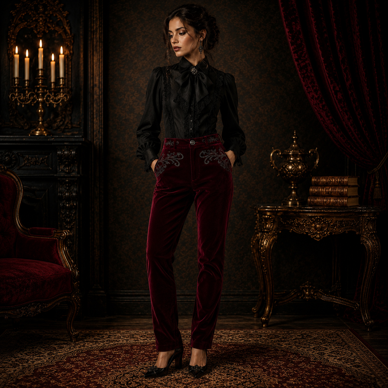 Men's Red Velvet Embroidery Gothic Regency Dress Pants /Velvet Pant
