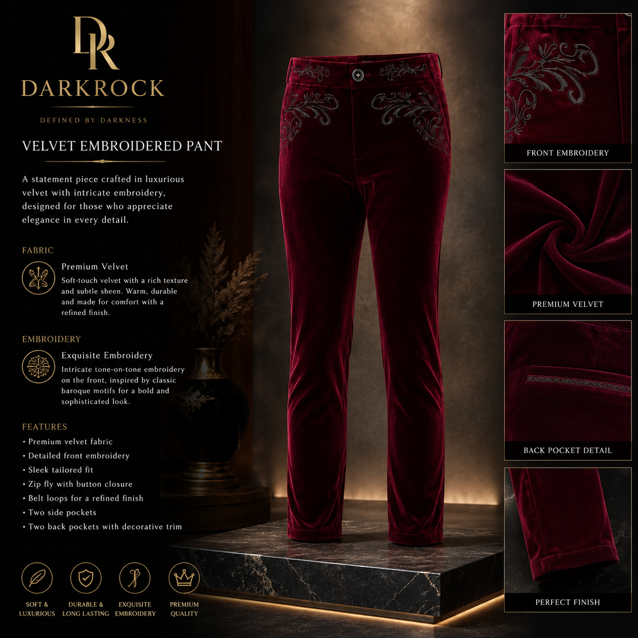 Men's Red Velvet Embroidery Gothic Regency Dress Pants /Velvet Pant
