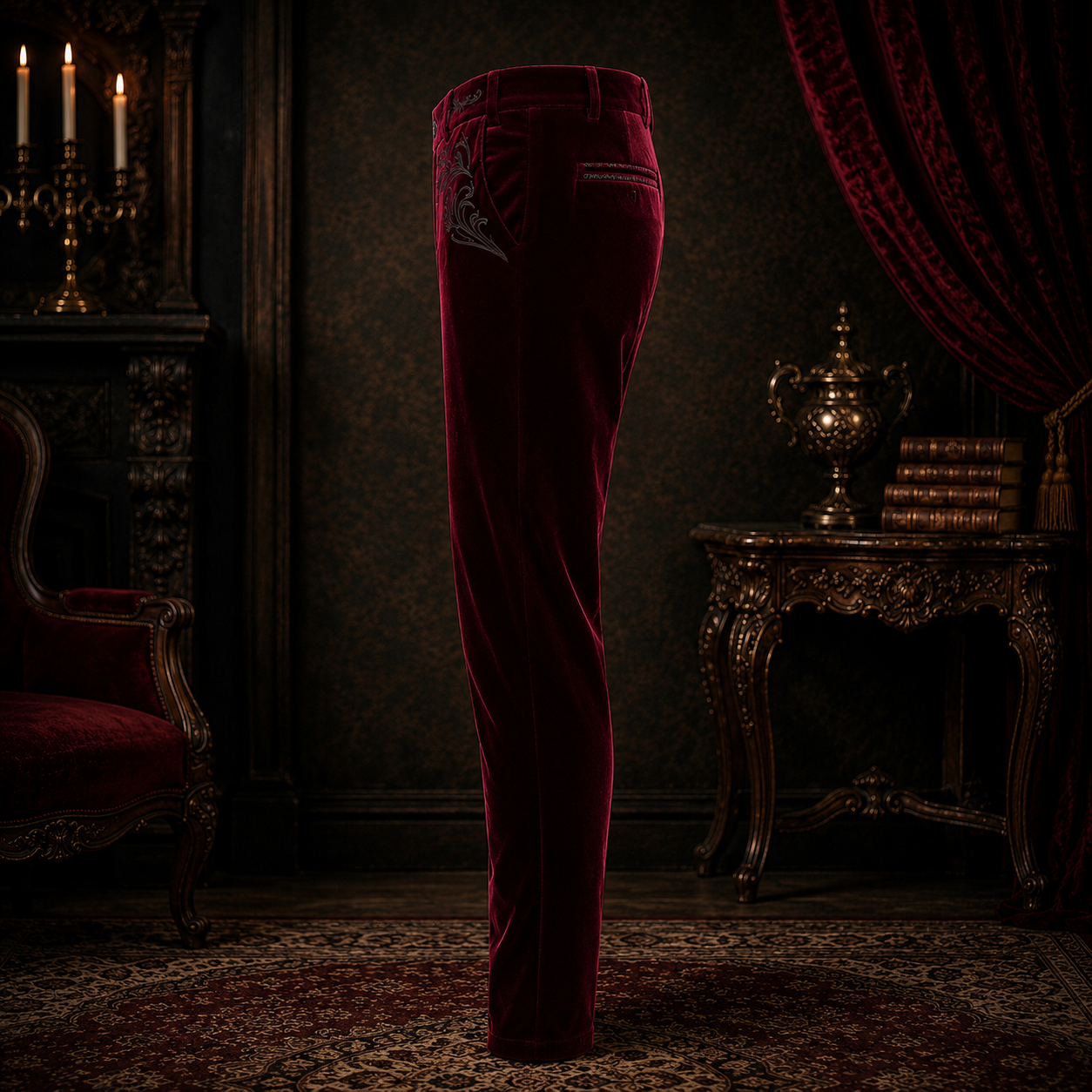 Men's Red Velvet Embroidery Gothic Regency Dress Pants /Velvet Pant