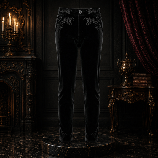 Men's Black Velvet Embroidery Gothic Regency Dress Pants /Velvet Pant