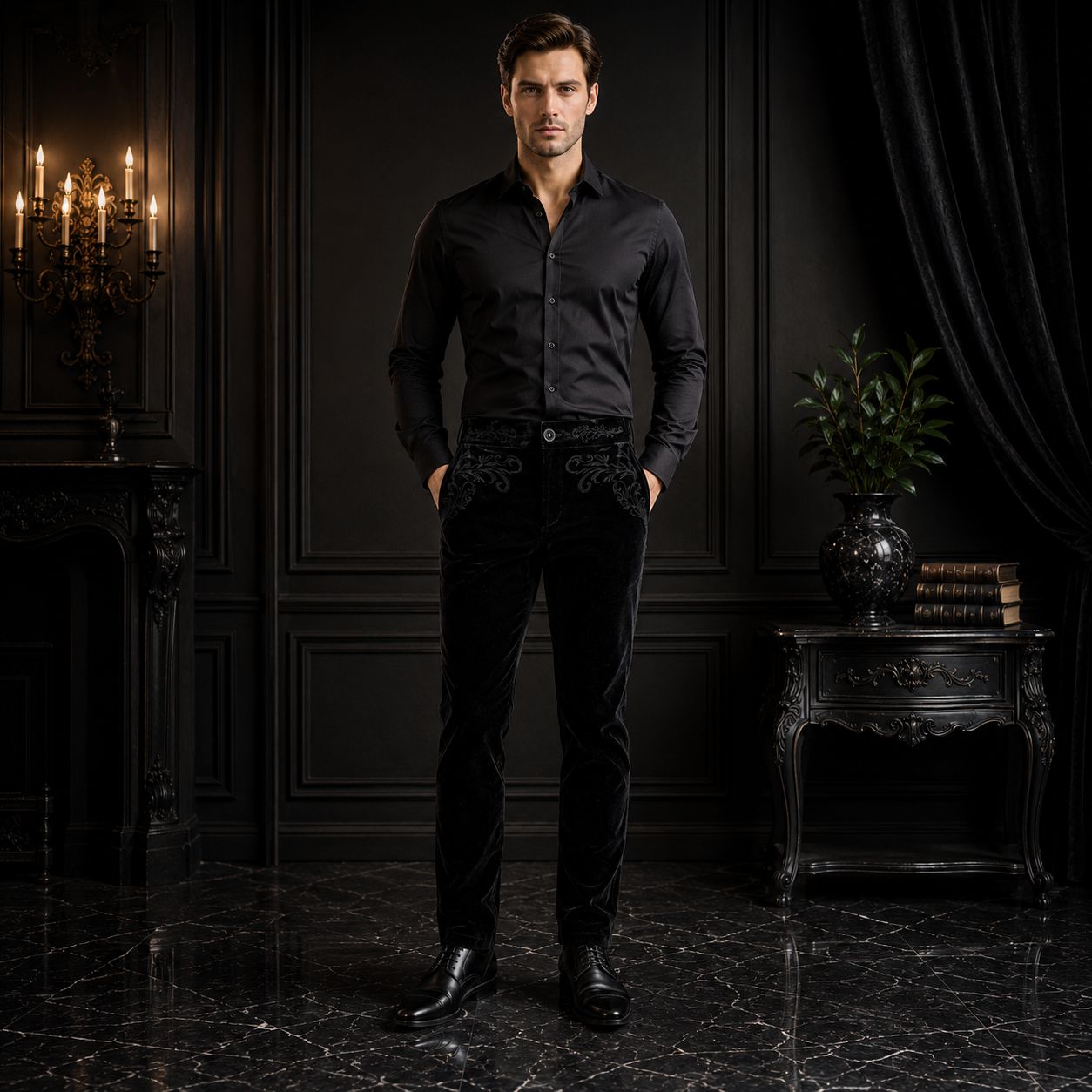 Men's Black Velvet Embroidery Gothic Regency Dress Pants /Velvet Pant