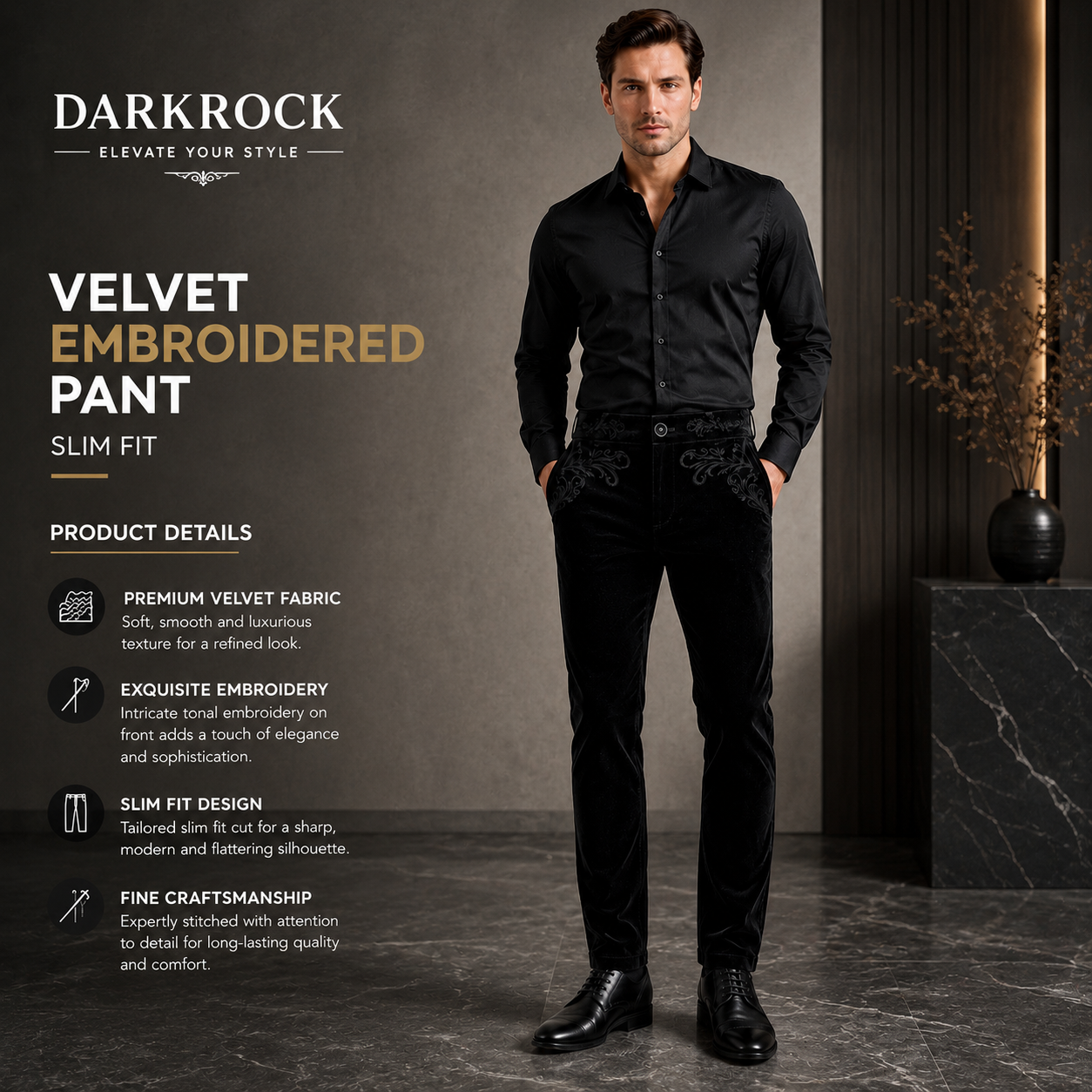 Men's Black Velvet Embroidery Gothic Regency Dress Pants /Velvet Pant