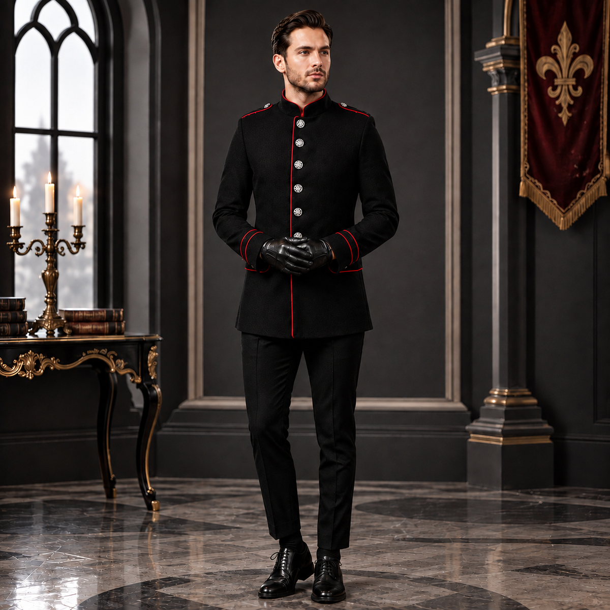 New Men's Military Style Coat Jacket Black Red Gothic Steampunk Usa Sizes Vtg