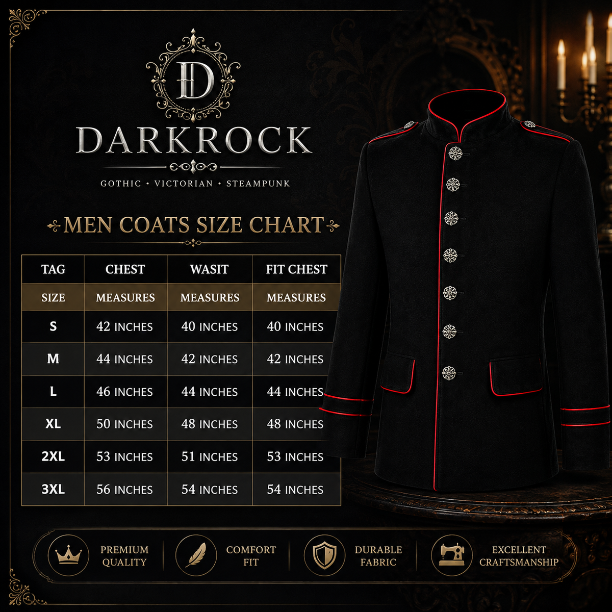 New Men's Military Style Coat Jacket Black Red Gothic Steampunk Usa Sizes Vtg