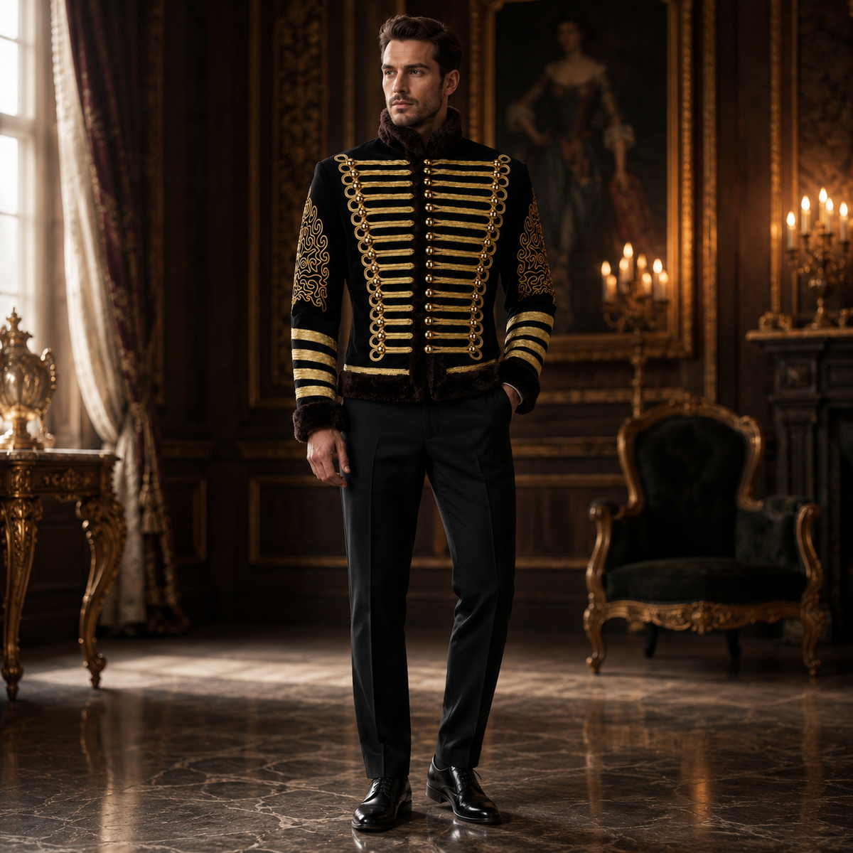 New Napoleonic Hussars Uniform Military Style Tunic Pelisse Jimi Hendrix Jacket Parade Drummer Officer Faux Fur
