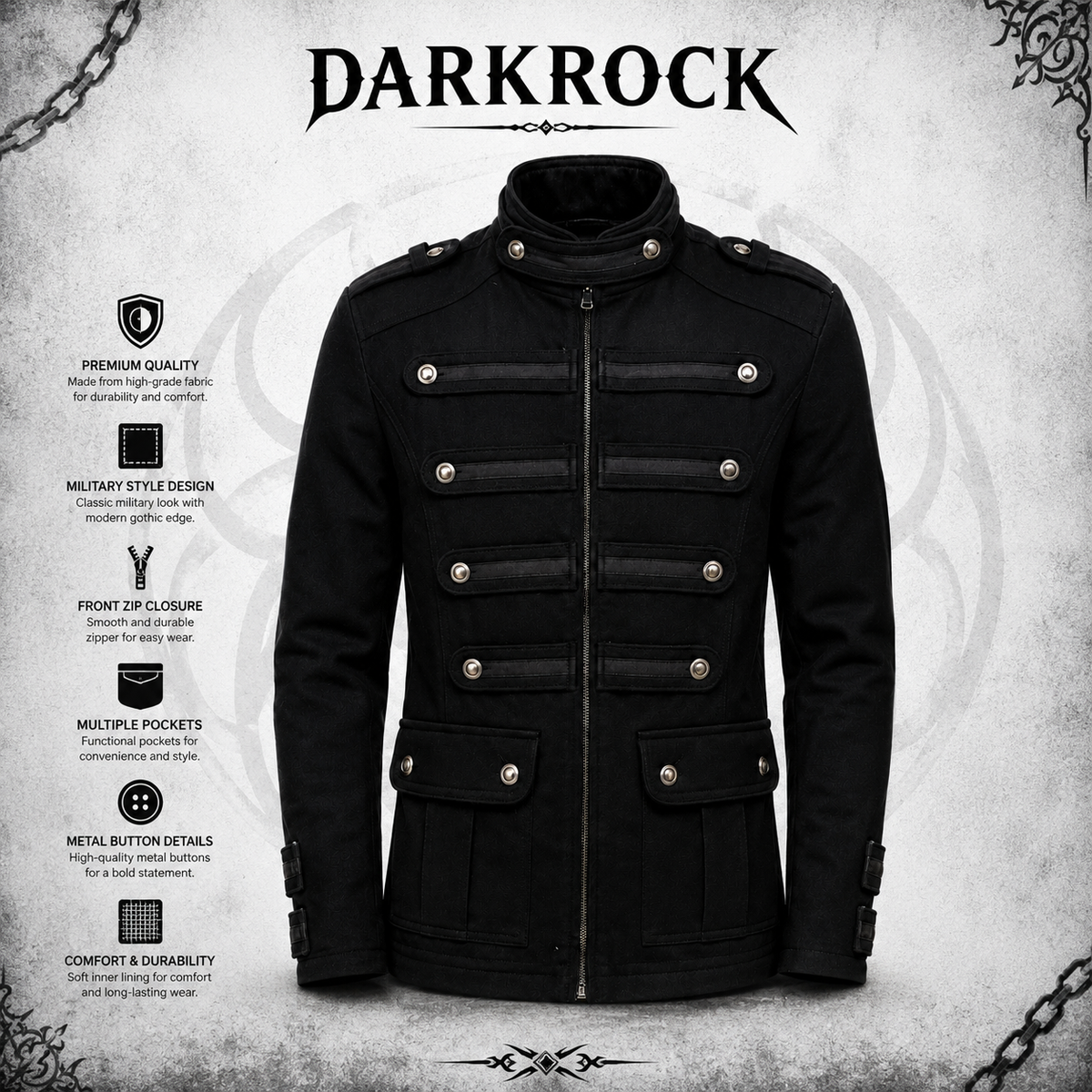 Gothic Military Band Black Jacket For Men Vintage Goth Coat Jacket Steampunk