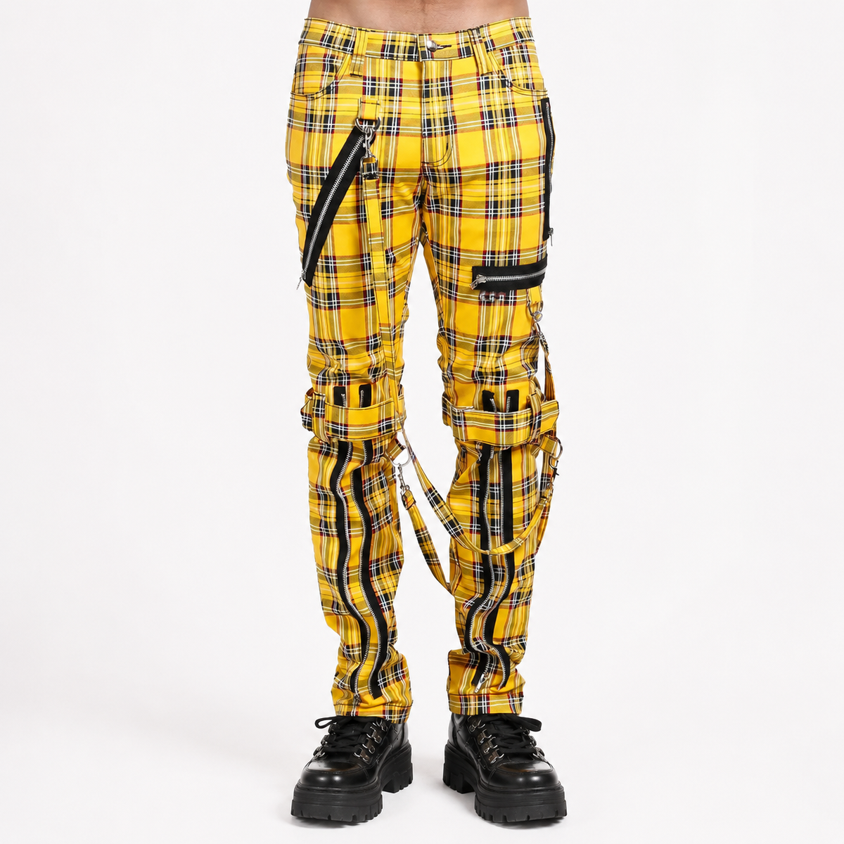 Men Bondage Straps Punk Yellow Plaid Jeans Pant Alternative Rebel Rock Emo Pant USA