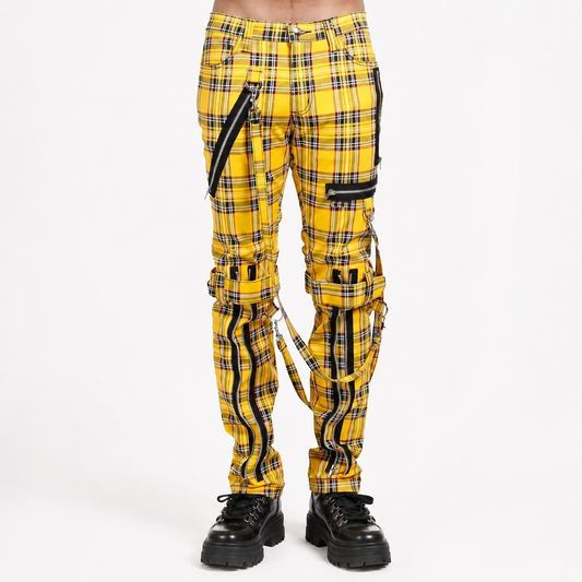 Men Bondage Straps Punk Yellow Plaid Jeans Pant Alternative Rebel Rock Emo Pant USA