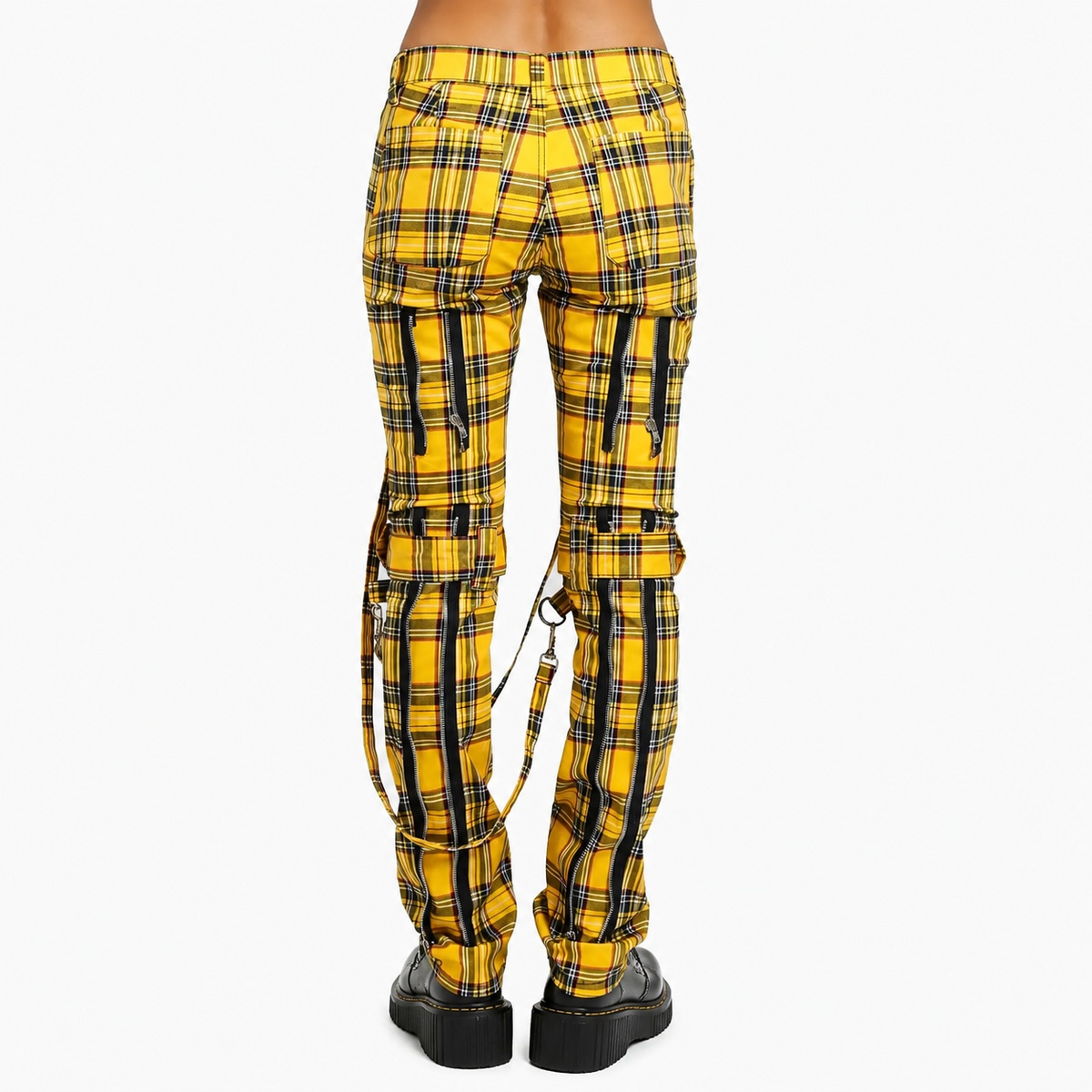 Men Bondage Straps Punk Yellow Plaid Jeans Pant Alternative Rebel Rock Emo Pant USA