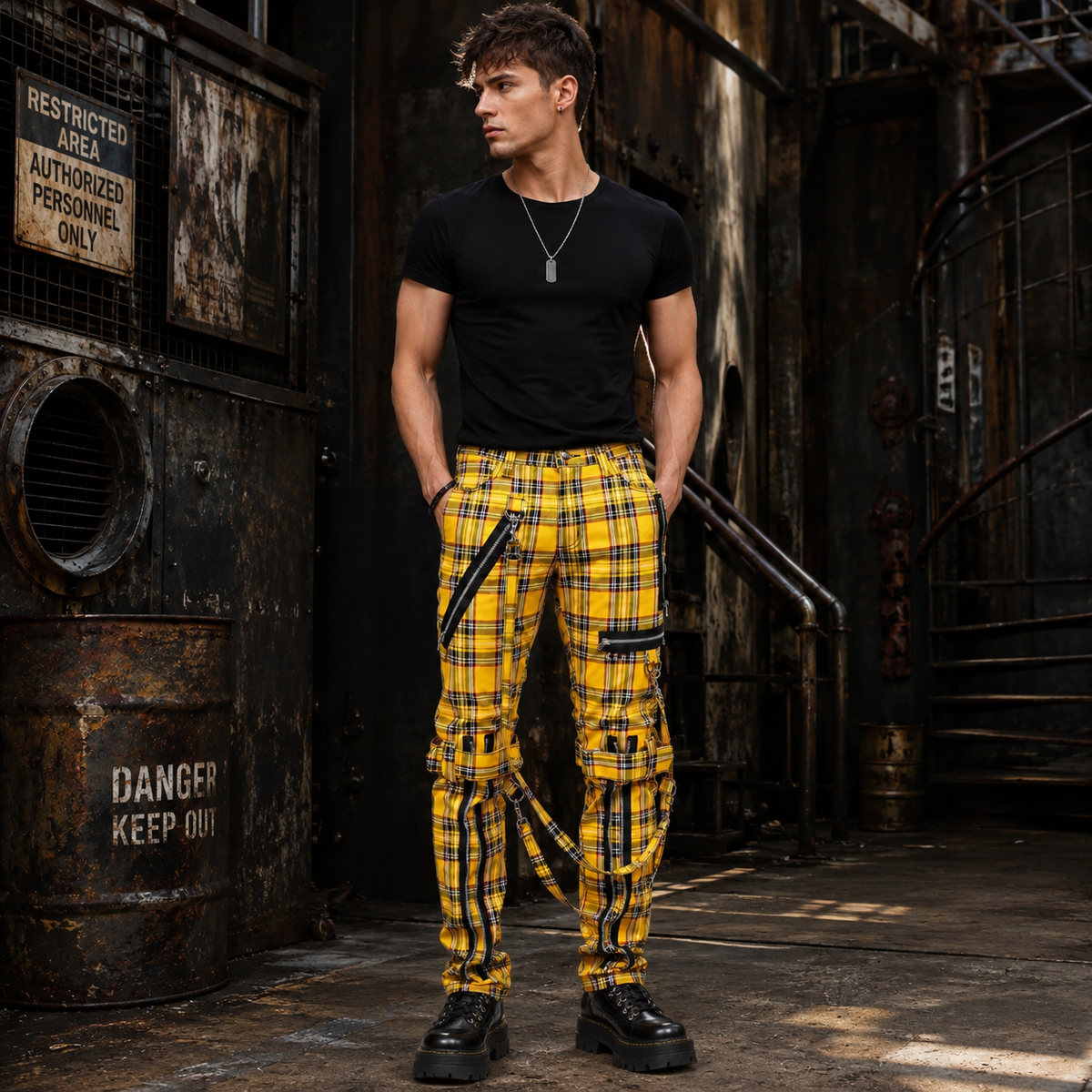 Men Bondage Straps Punk Yellow Plaid Jeans Pant Alternative Rebel Rock Emo Pant USA