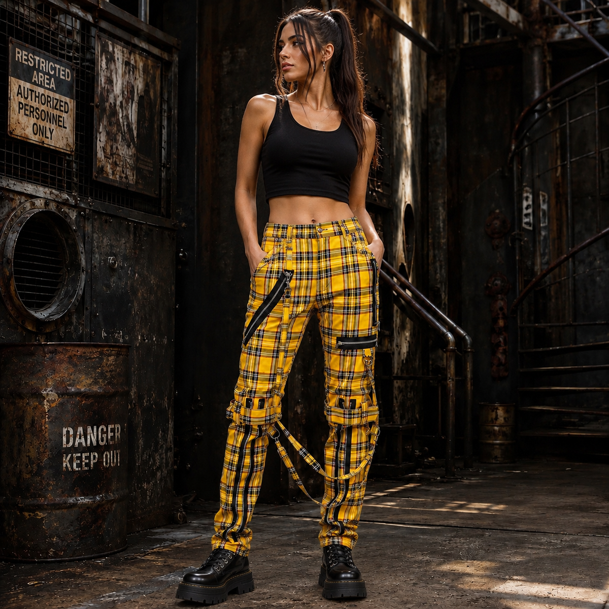 Men Bondage Straps Punk Yellow Plaid Jeans Pant Alternative Rebel Rock Emo Pant USA