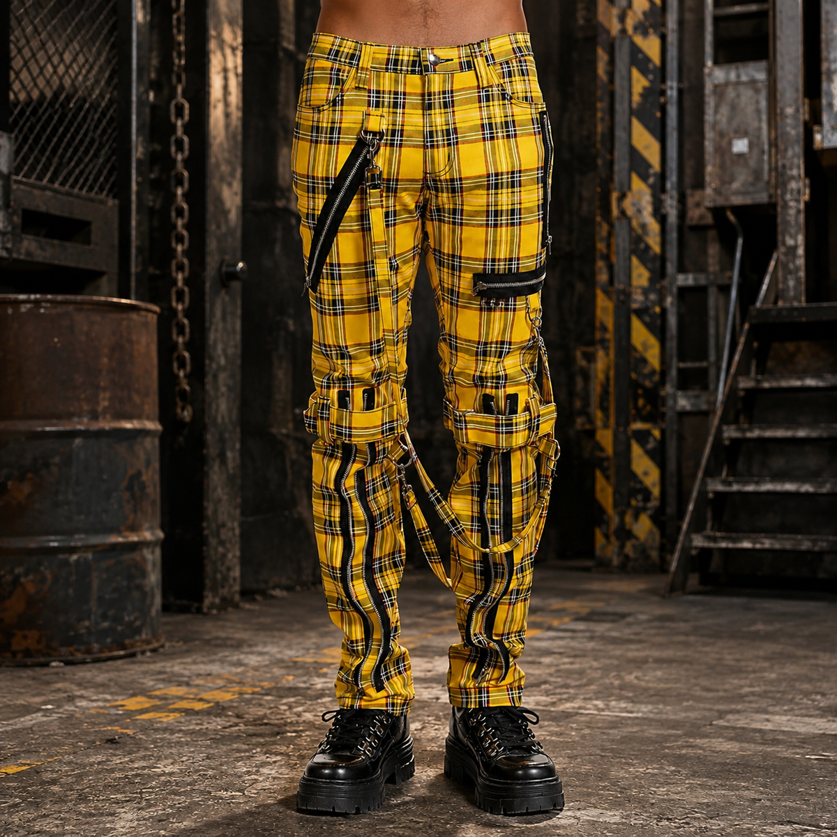Men Bondage Straps Punk Yellow Plaid Jeans Pant Alternative Rebel Rock Emo Pant USA