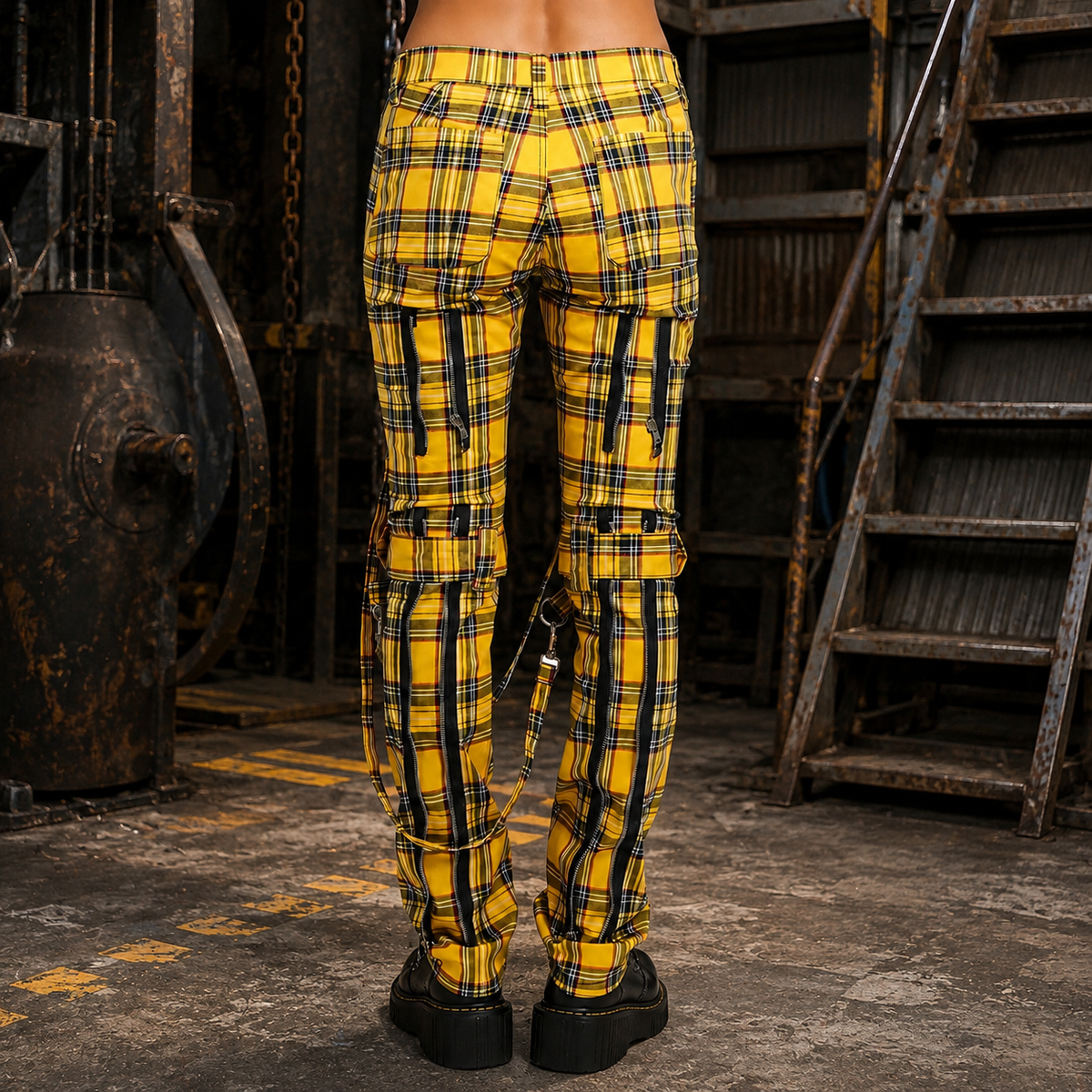 Men Bondage Straps Punk Yellow Plaid Jeans Pant Alternative Rebel Rock Emo Pant USA