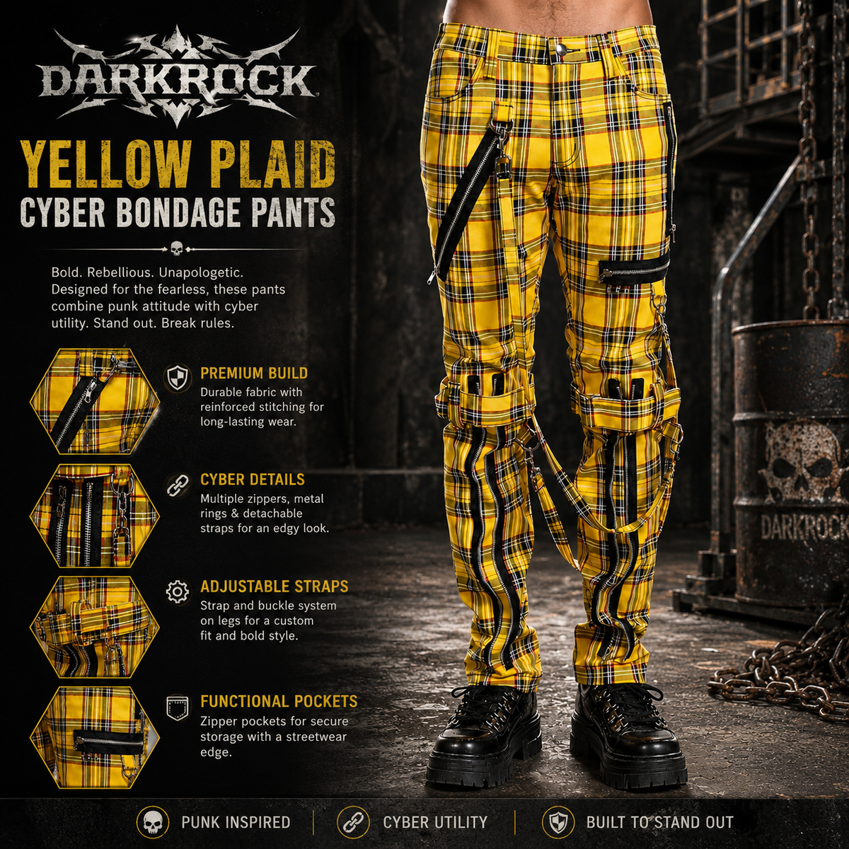 Men Bondage Straps Punk Yellow Plaid Jeans Pant Alternative Rebel Rock Emo Pant USA