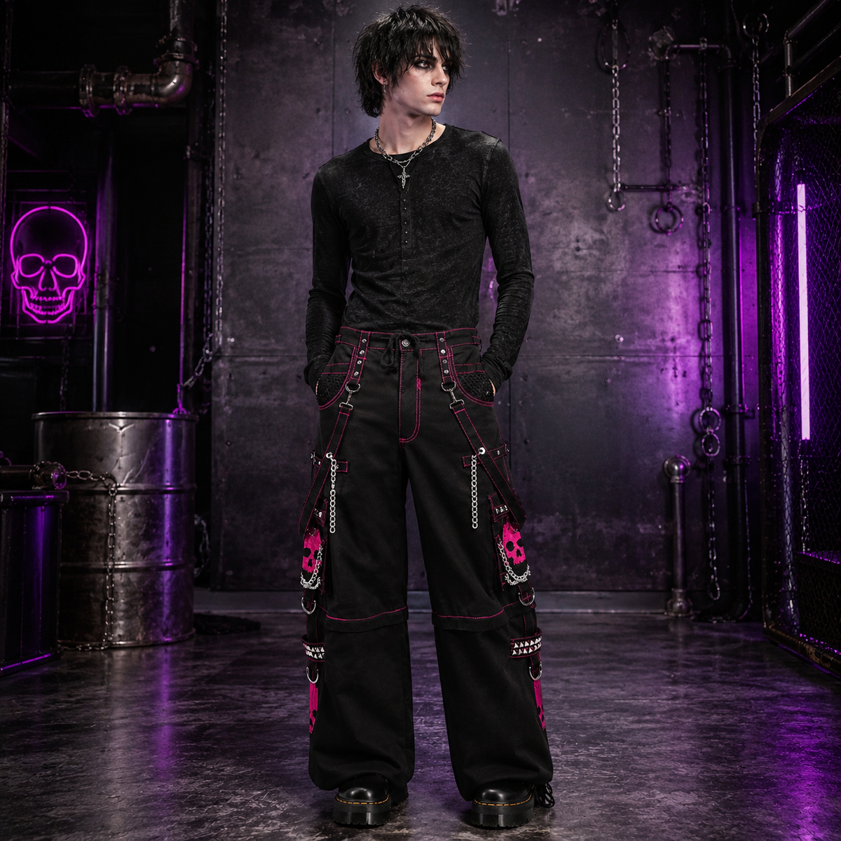 Gothic Bondage Super Skull Pant Pink Big Skull Men Pant Alternative Punk Rock Emo Trouser Pant Shorts